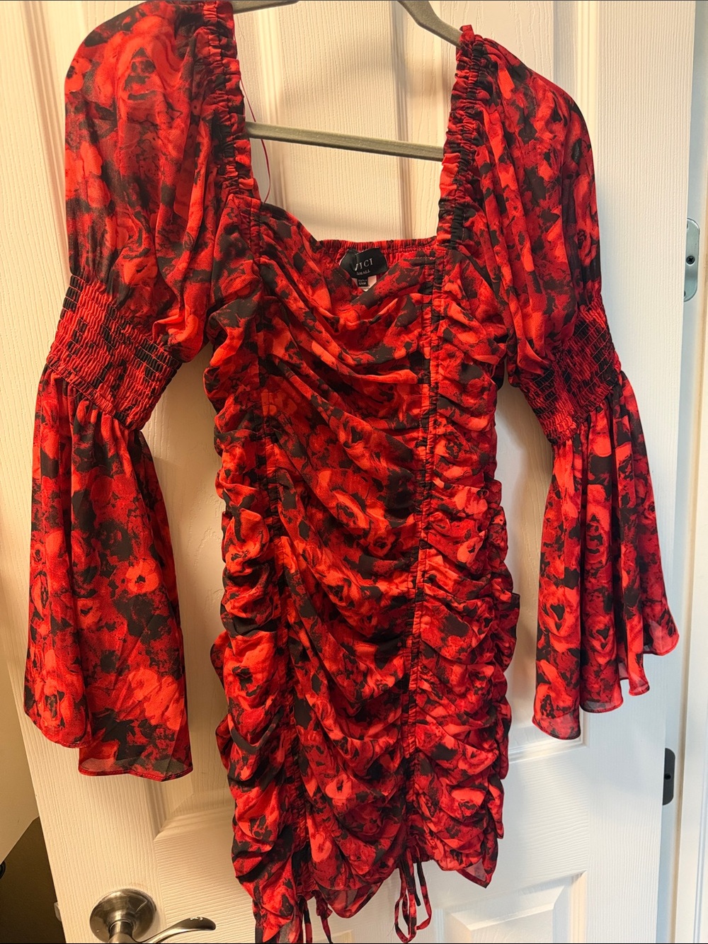 Vici Red Floral Ruched Mini Dress